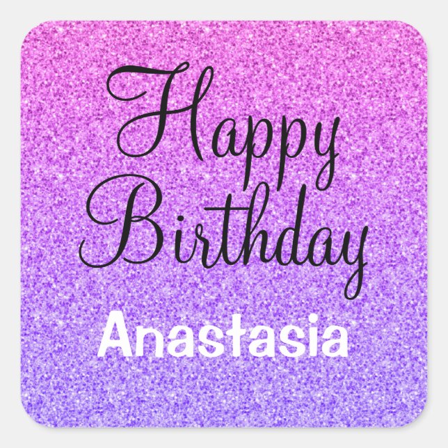 Pegatina Cuadrada Glam Happy Birday Ombre Purple Purpurina Sparkles (Anverso)