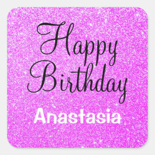 Pegatina Cuadrada Glam Happy Birday Purple Purpurina Sparkle Name