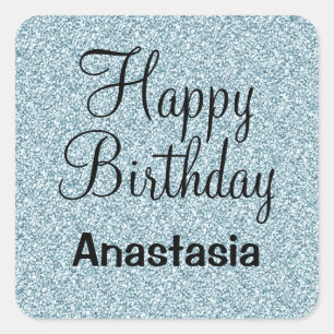 Pegatina Cuadrada Glam Happy Birthday Blue Silver Purpurina Sparkles