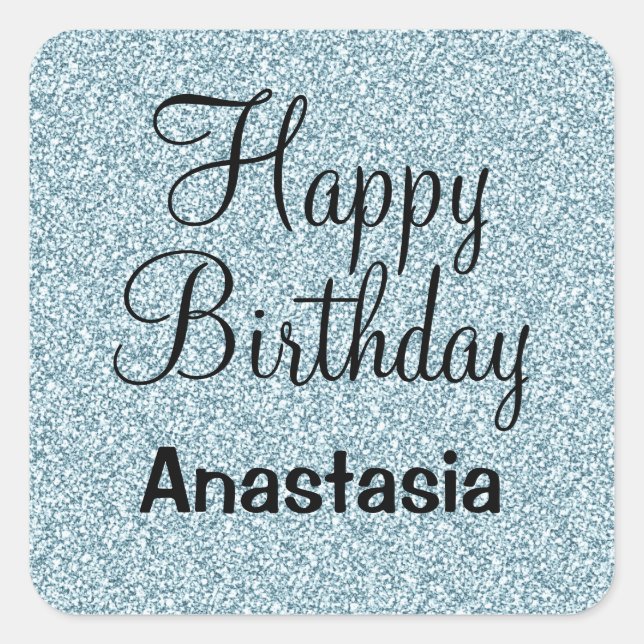 Pegatina Cuadrada Glam Happy Birthday Blue Silver Purpurina Sparkles (Anverso)