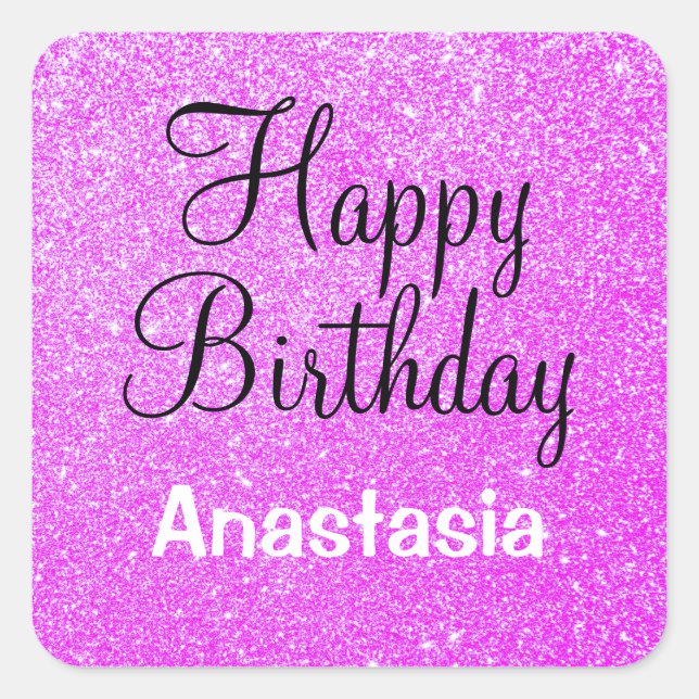 Pegatina Cuadrada Glam Happy Birthday Purple Purpurina Sparkle Name (Anverso)