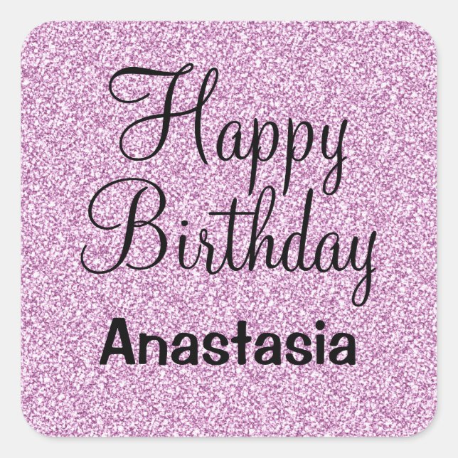 Pegatina Cuadrada Glam Happy Birthday Purple Purpurina Sparkle Name (Anverso)