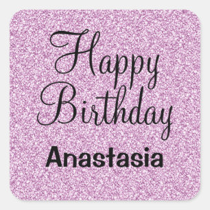 Pegatina Cuadrada Glam Happy Birthday Purple Purpurina Sparkle Name