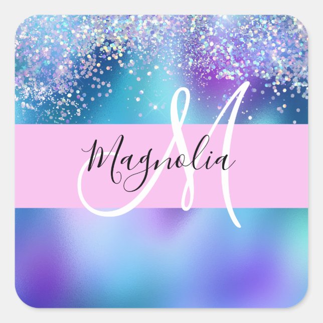 Pegatina Cuadrada Glam Holographic Mermaid Purpurina Sparkle Monogra (Anverso)