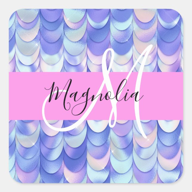 Pegatina Cuadrada Glam irlandescente Blue Mermaid Scales Nombre Mono (Anverso)