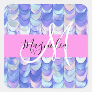 Pegatina Cuadrada Glam irlandescente Blue Mermaid Scales Nombre Mono