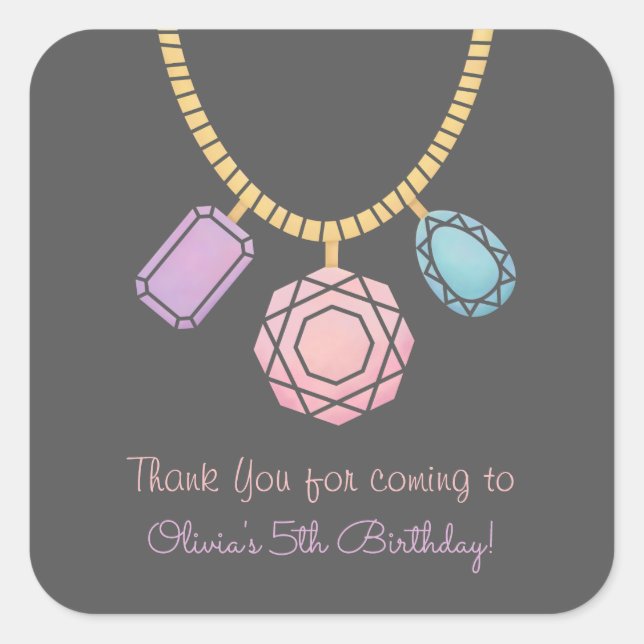 Pegatina Cuadrada Glam Jewel Jewelry Girls Birthday Party Pegatinas (Anverso)