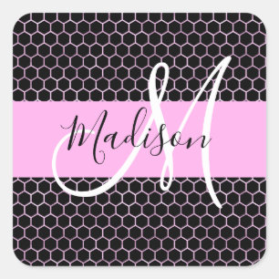 Pegatina Cuadrada Glam Negro Metálico Rosa Panal Monograma Nombre