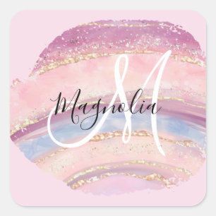 Pegatina Cuadrada Glam Oro Rosa Azul Monograma de Pincelada de Piedr