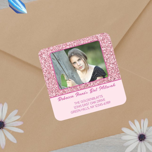 Pegatina Cuadrada Glam Pink Elegant Photo For Her Bat Mitzvah (Just add your photo and text for personalized pink Bat Mitzvah stickers)