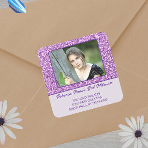 Pegatina Cuadrada Glam Purple Elegant Foto De Su Bat Mitzvah