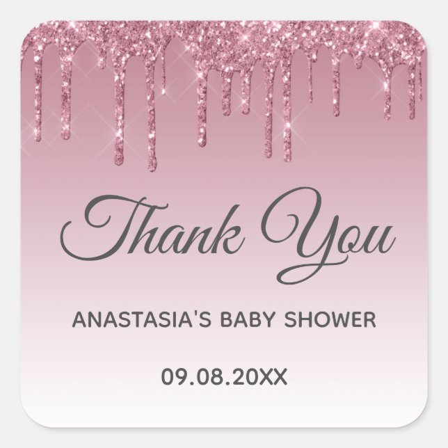 Pegatina Cuadrada Glam Purple Pink Rose Gold Gracias Baby Shower (Anverso)