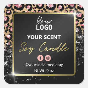 Pegatina Cuadrada Glam Purpurina Leopard Skin Black Soy Candle Label