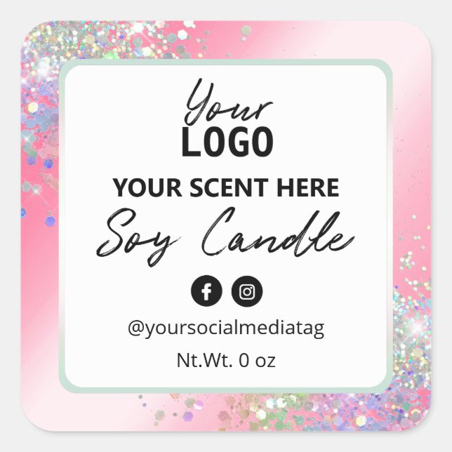 Pegatina Cuadrada Glam Purpurina rosa vales de soja (Anverso)