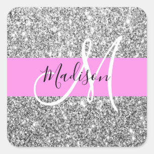 Pegatina Cuadrada Glam Purpurina rosado y plateado parkles Monograma