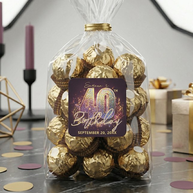 Pegatina Cuadrada Glam Retro Disco Ball 40th Birthday Party (Subido por el creador)