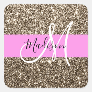 Pegatina Cuadrada Glam Rosa Champagne Oro Brillo Monograma