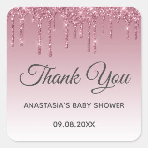 Pegatina Cuadrada Glam Rosa Purpura Rosa Dorado Gracias Baby Shower