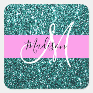 Pegatina Cuadrada Glam Rosa Verde Turquesa Brillo Chispa Monograma N