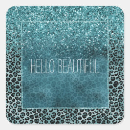 Pegatina Cuadrada Glam Turquoise Verde azulado Leopardo azul Purpuri