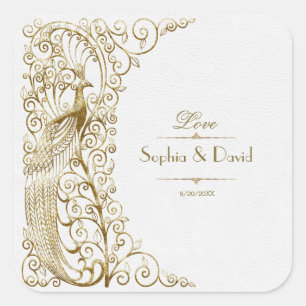 Pegatina Cuadrada Glam White Gold Art Deco Peacocks Boda