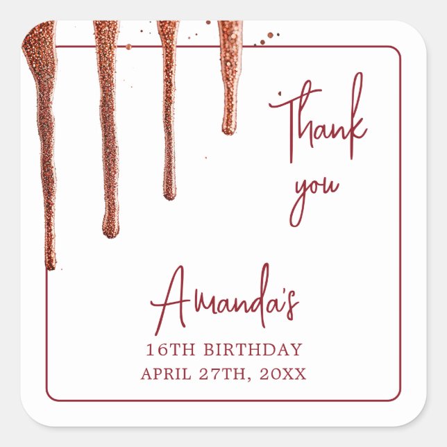 Pegatina Cuadrada Glamoroso Rosa Oro Purpurina Drip Sweet 16 Cumplea (Anverso)
