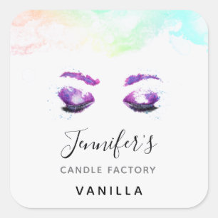 Pegatina Cuadrada Glamorosos Ojos Púrpuros y Flores Acuarela