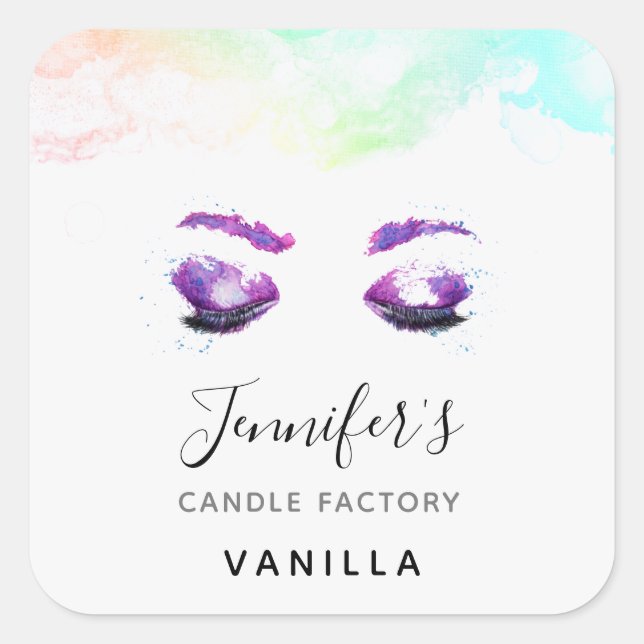 Pegatina Cuadrada Glamorosos Ojos Púrpuros y Flores Acuarela (Anverso)