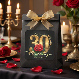 Pegatina Cuadrada Glamorous Black Gold Red Rose 30th Birthday Party