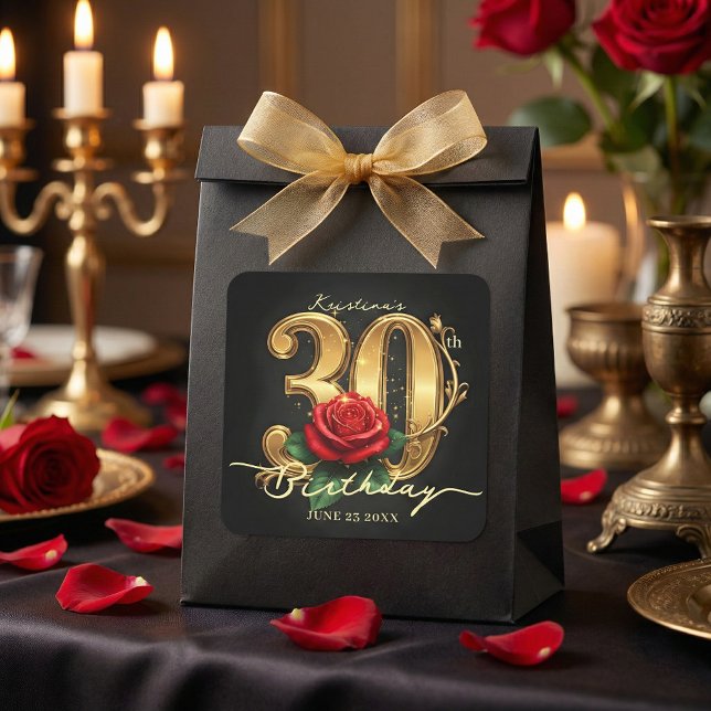 Pegatina Cuadrada Glamorous Black Gold Red Rose 30th Birthday Party (Subido por el creador)