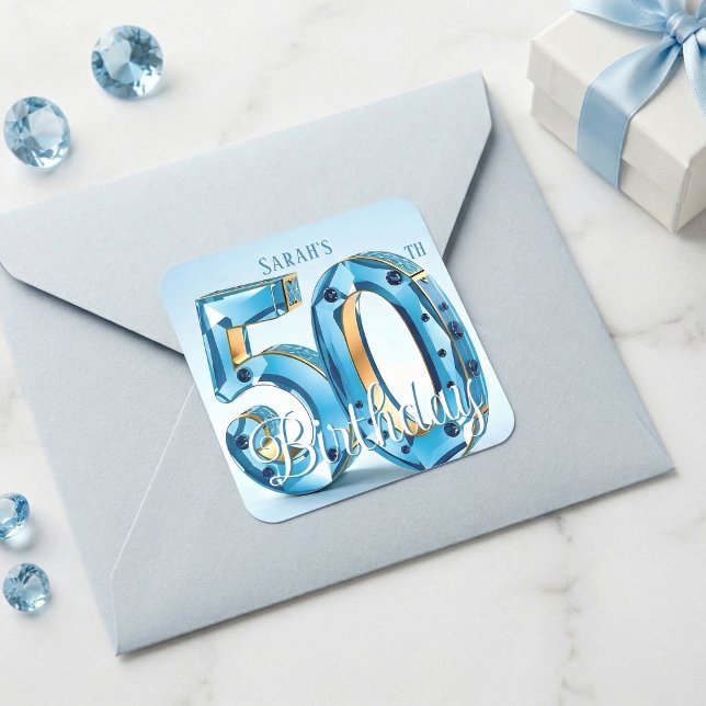 Pegatina Cuadrada Glamorous Light Blue Jewel 50th Birthday (Subido por el creador)
