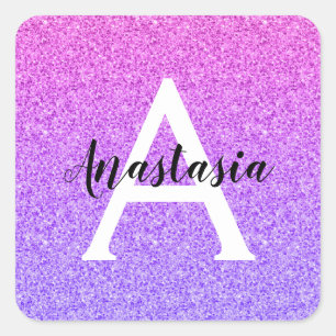 Pegatina Cuadrada Glamour Femenino con Brillo Purpura Ombre Monogram