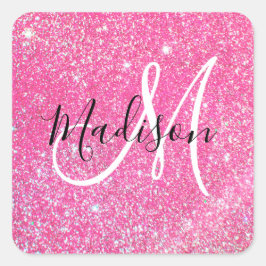 Pegatina Cuadrada Glamour Femenino Rosa Brillante Purpurina Monogram