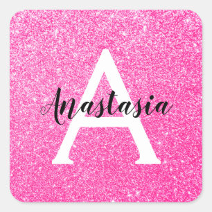 Pegatina Cuadrada Glamour Femenino Rosa Brillante Purpurina Monogram