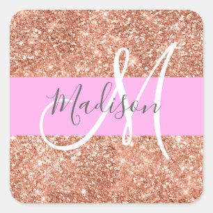 Pegatina Cuadrada Glamour Femenino Rosa Dorado Brillante Monograma N