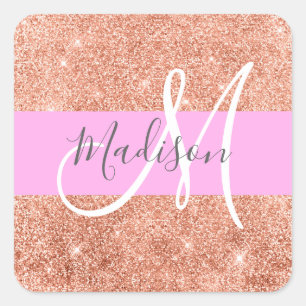 Pegatina Cuadrada Glamour Femenino Rosa Dorado Glitter Monograma Nom