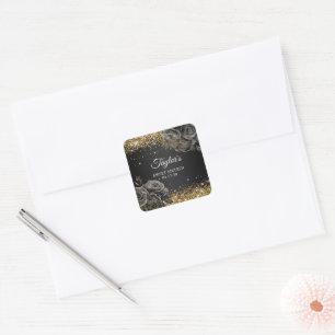 Pegatina Cuadrada Glamour Floral Negro Brillo Dorado Cumpleaños Diec