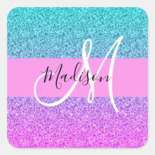 Pegatina Cuadrada Glamour Púrpura Acuático Brillo Gradiente Monogram