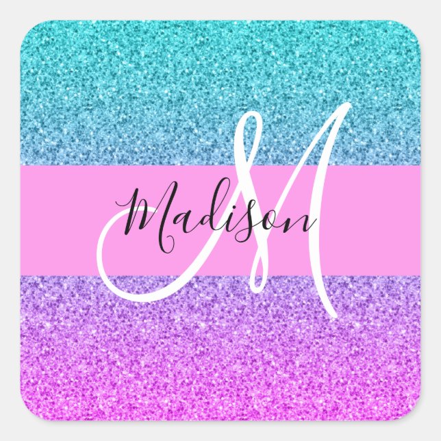 Pegatina Cuadrada Glamour Púrpura Acuático Brillo Gradiente Monogram (Anverso)