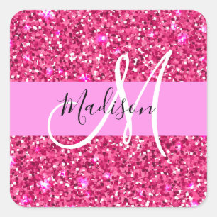 Pegatina Cuadrada Glamour Rosa Caliente Brillante Purpurina Monogram