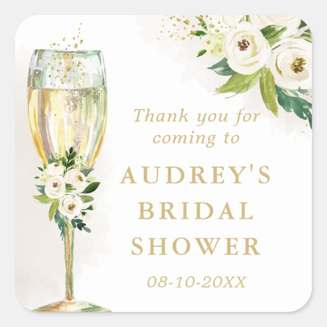 Pegatina Cuadrada Glass blanco floral de champán personalizado (Anverso)