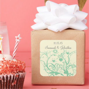 Pegatina Cuadrada Glass Green Love Bird Swirls Wedding Stickers