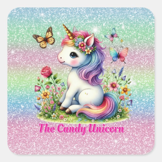 Pegatina Cuadrada Glitter candy unicorn meadow wildflowers  (Anverso)