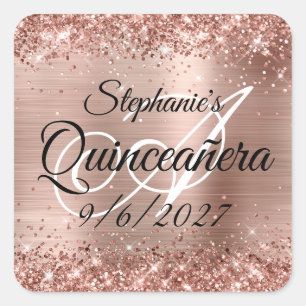 Pegatina Cuadrada Glitter de oro rosa falso y Quinceañera de papel d