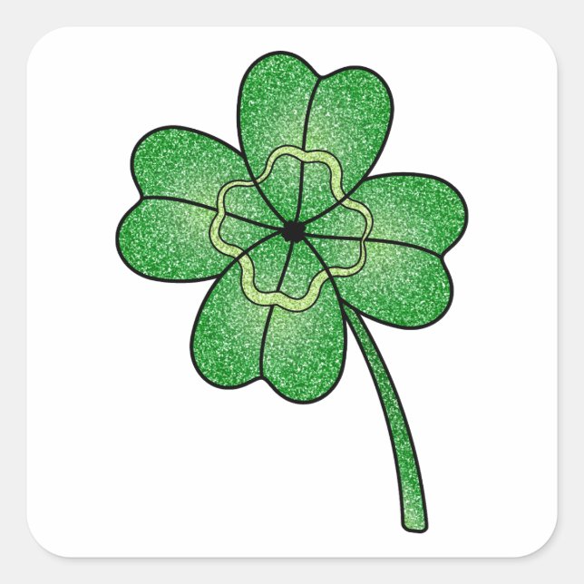 Pegatina Cuadrada Glitter Four Leaf Clover (Anverso)