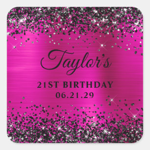 Pegatina Cuadrada Glitter Negro Foil Rosa Caliente Cumpleaños 21
