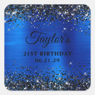 Pegatina Cuadrada Glitter Negro Royal Azul Foil Cumpleaños 21