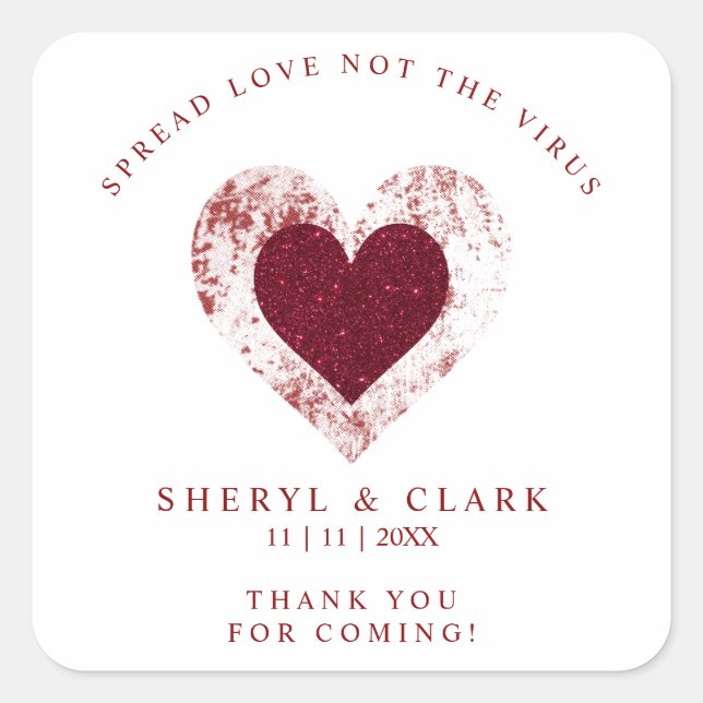 Pegatina Cuadrada Glitter Red Heart Pandemic Wedding Spread Love (Anverso)