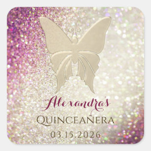 Pegatina Cuadrada Glitter Rosa Dorado Cumpleaños Quinceañera