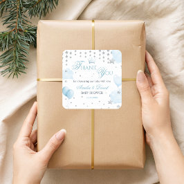 Pegatina Cuadrada Glitter Stars Baby Shower Thank You Light Blue
